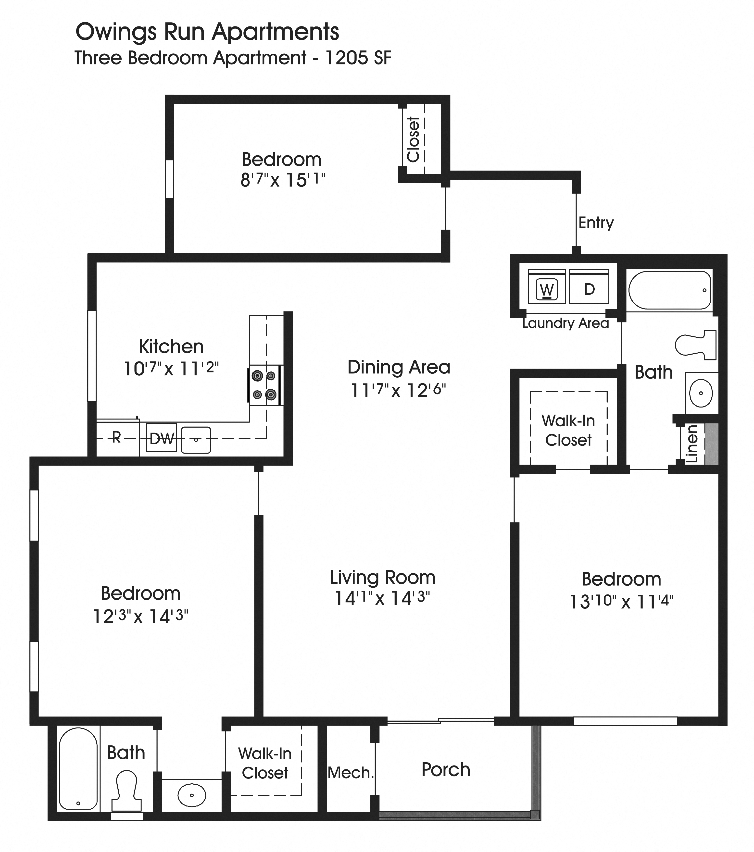 Floor plan for 3 beds, 2 baths, 1205 sqft
